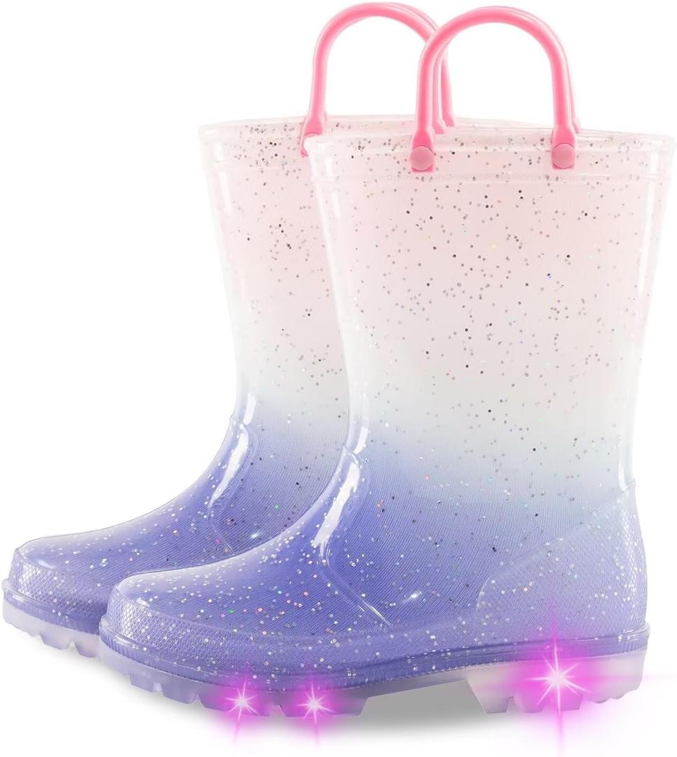 Kids Toddler Rain Boots for Girls Boys Light Up Waterproof Rain Shoes Patterns and Glitter Boot with Easy On Handles (2 Big Kid, Purple Gradient)
