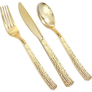 Supernal 180pcs Gold Plastic Silverware Set, Elegant Hammered Design Disposable Cutlery (60 Forks, 60 Spoons, 60 Knives), Heavy Duty Plastic Utensils for Weddings, Graduation Parties 2026 & Catering