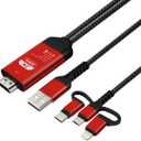 3-in-1 Phone to TV HDMI Adapter 2K@60Hz/1080P | Lightning+Type-C to HDMI for iPhone/Android/Samsung | Plug & Play, Video Audio Mirroring, HDMI Cable Compatible iPhone 15/14/S24/S23 & Tablets (Red)