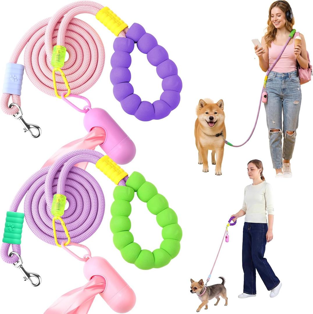 Talltalk 2 Set 6 ft Dog Leash Adjustable Hand Free Crossbody Rope for Small Medium Dog Include 2 Pcs Poo Bag Dispenser Comfortable Sponge Handle Heavy Duty Nylon Rope Training Leash for Walking Hiking
