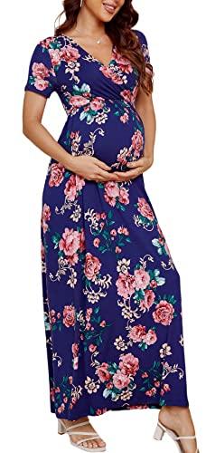 Xpenyo Women's Floral Maternity Dresses Summer Casual Short Sleeve V Neck Wrap Long Maxi Dress Pregnancy Clothes for Baby Shower, Photoshoot, Party, Daily, Nursing, Rose Floral Navy Blue XL
