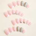 3 x Short Press Gold Glitter False Nails with Gold Line White Leaves Design - Glue on Nails Full Cover Glossy Acrylic Pink - 24 Pcs