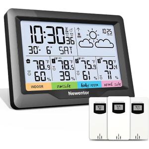 Newentor Weather Station Wireless Indoor Outdoor Multiple Sensors, Digital Atomic Clock Weather Thermometer, Temperature and Humidity Monitor, Forecast Weather Station with Backlight, Black