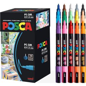 posca Paint Markers, 3M Fine Point Acrylic Paint Pens with Reversible Tips, Art Supplies For Gifts, Decorations Fabric, Metal, Glass, Wood and Canvas, Set of 15