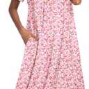 Ekouaer Nightgowns for Women with Pockets Button Front Short Sleeve House Dresses Floral Print Mumu Dress, Size L