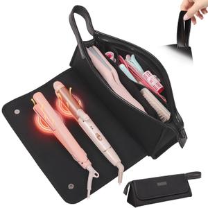 Hair Tools Travel Bag and Heat Resistant Mat, 2 in 1 Portable Organizer Hair Travel Case for Curling Iron, Hair Straightener, Flat Irons, PU Hangable Handle, Neoprene (Elegant Black)