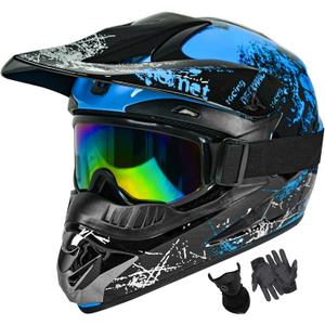 Youth Dirt Bike Helmets DOT Approved Fashion Kids Motocross, ATV, Off-Road, Four Wheelers, BMX Motorcycle Bike Helmets (Goggles Gloves Faceshield) Blue, Large
