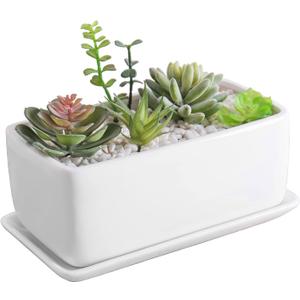 MyGift 10 Inch Modern Unglazed White Ceramic Indoor Plant Pot with Drainage Hole, Rectangular Succulent Planter Window Box with Removable Saucer, 1 Pack