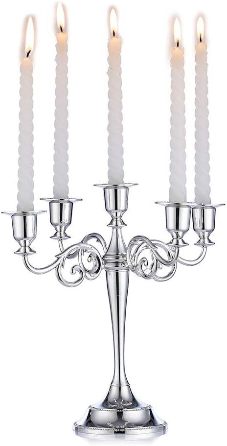 Sziqiqi Candelabra Candlestick Holder for Taper Candles for Wedding Event Candle Centerpiece Home Holiday Decoration, Zinc Alloy 5-stem 10.6in, Silver Finish
