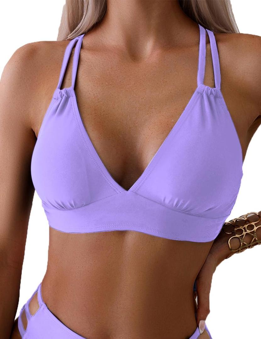 Tainehs Women's Push Up V Neck Bikini Tops Criss Cross Back Padded Bathing Suit Top Only (Medium, Light Purple)