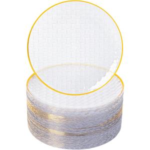 100 PCS Clear Plastic Plates with Gold Rim, Disposable Dessert Plate, 7" Salad Plate, Heavy Duty Weave Pattern Plates for Party, Wedding