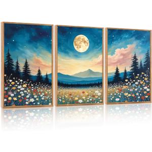 HOURIA 3Pcs Nature Mountain Forest Landscape Canvas Wall Art (16"x24"), Abstract Mystical Moonlight Wildflowers Wall Decor,Framed Colorful Wilderness Field Botanical Art Print for Bedroom Office Living Room Farmhouse (Multicolored)
