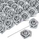 Artificial Flowers 30 PCS Silver Glitter Foam Artificial Flowers with Stem, Glitter Roses Shiny Flowers for DIY Wedding Bouquets Party Home Decor(Silver)