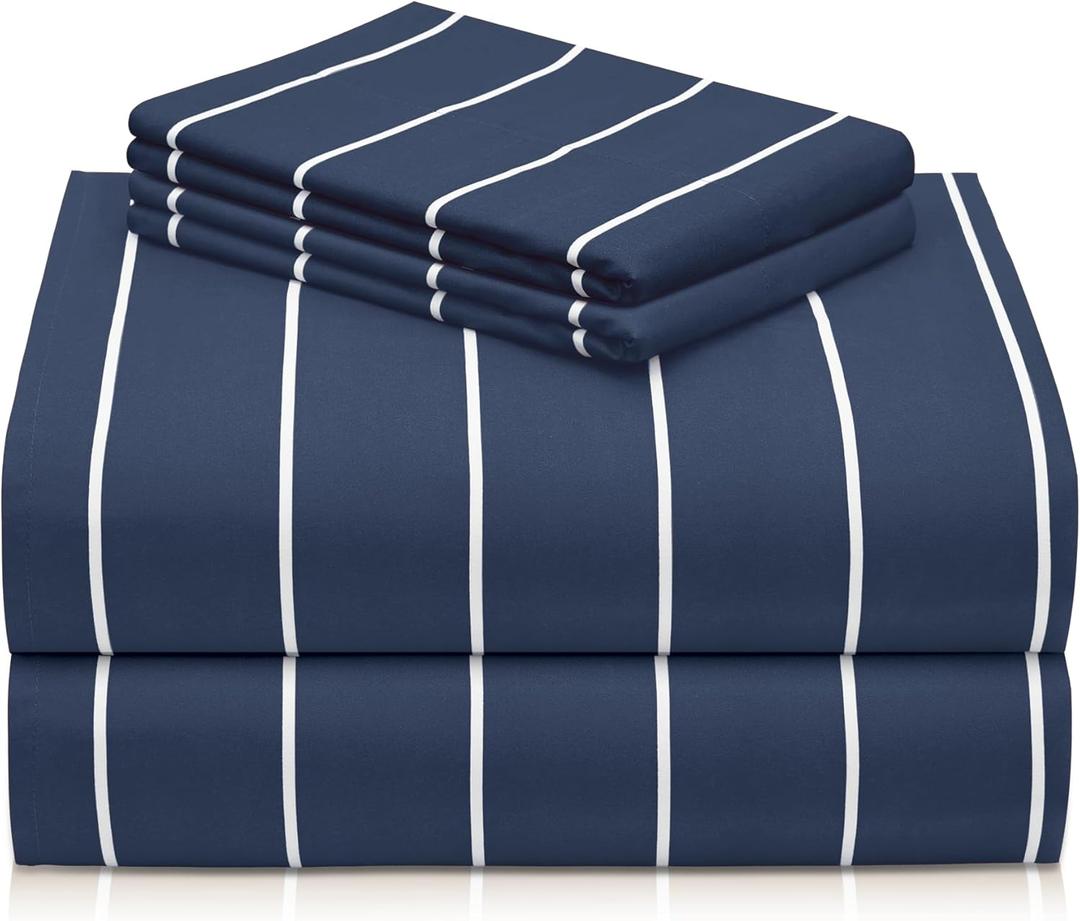 LuxClub 4 PC California King Sheet Set, Deep Pockets Wrinkle Free Cooling Bed Sheets Hotel Bedding for Women, Men, Kids & Teens, Includes 1 Fitted Sheet, 1 Flat Sheet and 2 Pillowcases-Striped - Navy