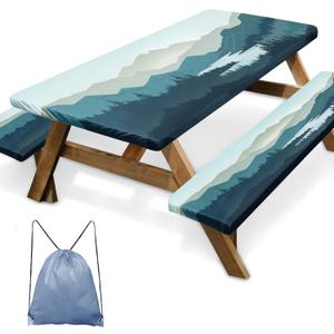 Picnic Table Cover with Bench Covers Elastic Edges, Mountain Landscape Fitted Table Cover, Outdoor Patio Camping Essentials 60 Inch 3PCS, Waterproof Fitted Tablecloth with Drawstring Bag