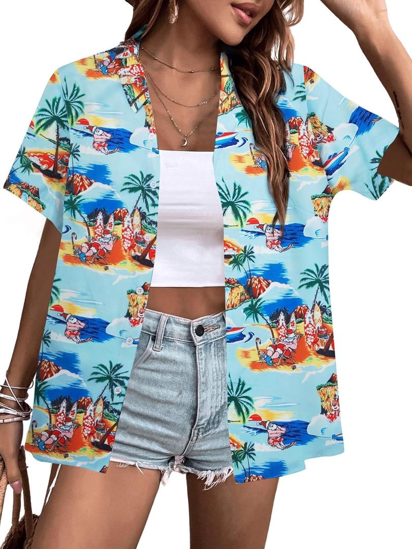 BANGELY Merry Xmas Shirt Hawaiian Shirts Women Funny Santa Claus Graphic Tee Ugly Beach Blouses Summer Holiday Button Up Tops (XX-Large, Blue)