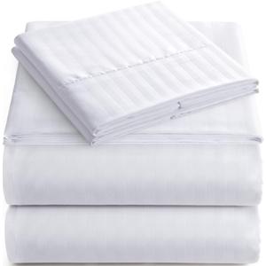 Queen Italian Prestige Collection Striped Bed Sheet Set  1800 Luxury Soft Microfiber Deep Pocket 4-Piece Bedding Set - Wrinkle, Stain, Fade Resistant - White