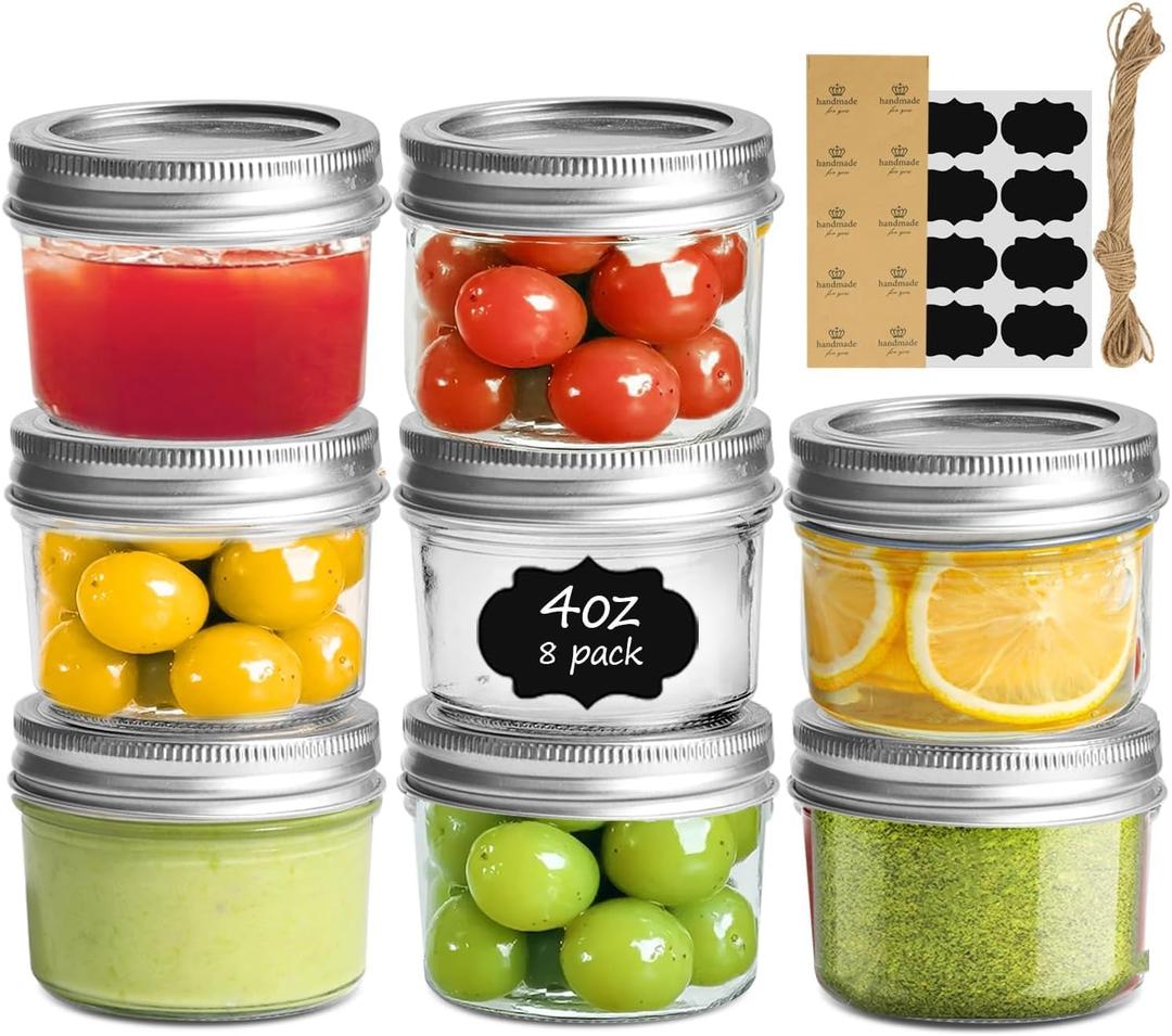 ComSaf Mini Mason Jars 4oz - 8 Pack, Regular Mouth Mason Jar with Lids and Seal Bands, Small Glass Canning Jar for Spice, Jam, Honey, Jelly, Dessert, Shower Wedding Favors, DIY Candles Decor