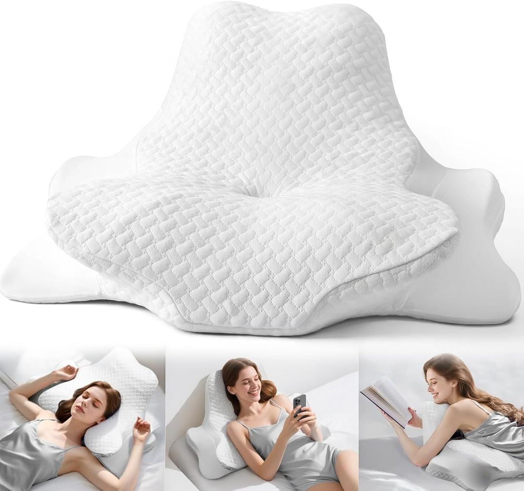 Cervical Neck Pillows&Reading Pillow for Bed Rest Lying,Book Leaning Wedge and Prone, Ergonomic Memory Foam Bed Wedge Pillow for Headboard, Chin & Back Support Pillows on Bedrest CouchWhite