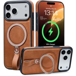 Bullroye for iPhone 17 Pro Max Leather Case with Glitter Sparkly Shiny Stand | Fits for MagSafe (Brown, iPhone 17 Pro Max)