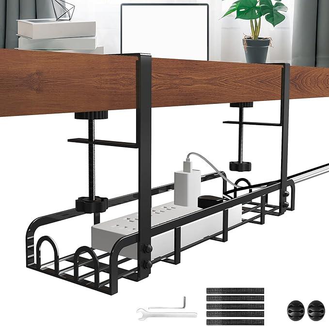 Sleclean Under Desk Cable Management Tray - 16.6"x4.7" Steel Organizer With Upgraded Long Arm Clamp, No Drill Installation for Home Wire Management, No Damage to Desk