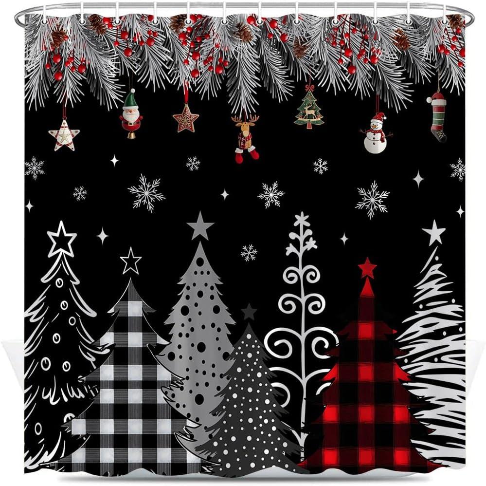 Merry Christmas Tree Shower Curtain Winter Forest Snowflake Pine Red Buffalo Plaid Xmas Trees Farmhouse New Year Holiday Black Bathroom Decor Set Polyester Fabric with Hooks 70X70 Inch
