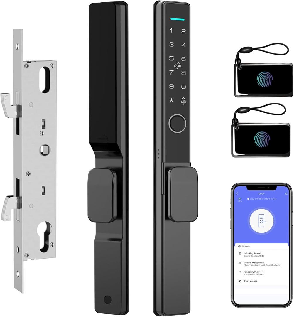 Sliding Glass Door Lock 2085 Ultra-Slim eLinkSmart Waterproof Keyless Mortise Smart Lock with Hook for Door Thickness 22~110mm (0.87"-4.33"), Aluminum Keypad Fingerprint Patio Door Tuya App
