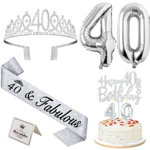 40th Birthday Decorations Women Silver with 40th Birthday Sash and Tiara, Cake Topper and Candles, Silver Number Balloons, 40 Year Old Gifts for Women