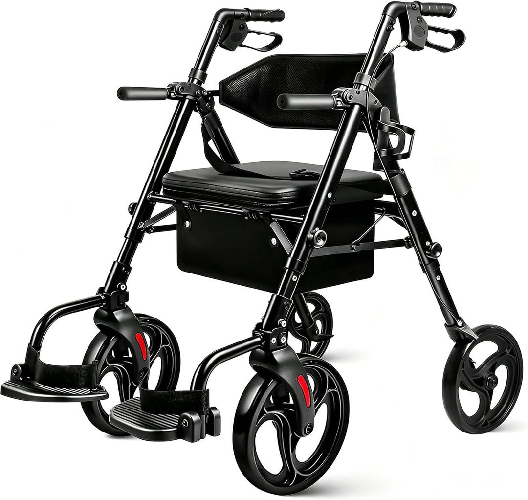 Foldable 2-in-1 Rollator Walker for Seniors with Seat, Lightweight Transport Wheelchair Combo 300 lbs Capacity, All-Terrain Tires, Anti-Tip Brakes, Adjustable Height 33.5"-40"