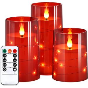 NURADA Flickering Flameless Candles: Built-in Star String Lights Battery Operated LED Pillar Candles with Remote and Timer Romantic Decorations for Wedding Party Christmas Halloween - Red 3 Pack (4-5-6 inches)