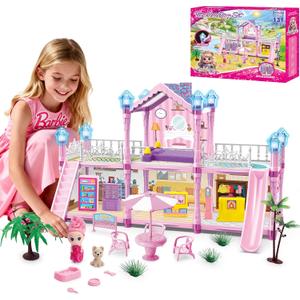 Doll House for Girl with 1 Princess, 2 Floors -4 Rooms, 131 Accessories Includes Dog and Furnitures, Design and Build Gift for 3 4 5 6 7 8+ Year Old Girls (Pink)