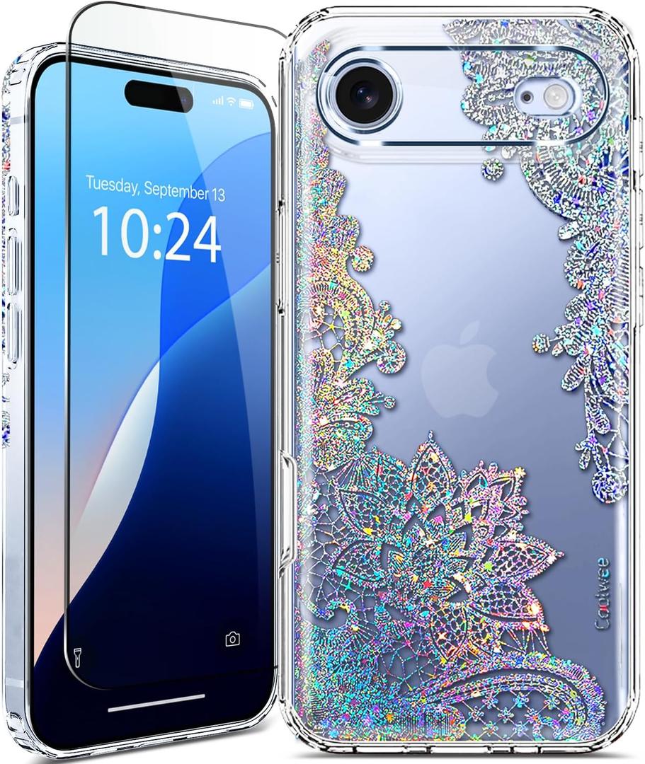 Coolwee Clear Glitter for iPhone Air Case, with Screen Protector, Cute for Women Girls, Slim Shockproof 10FT Drop Protection for iPhone 17 Air Phone Case Crystal Lace Bling Mandala Henna Floral