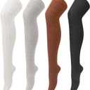 Loritta 4 Pairs Thigh High Socks for Women Knit Long Over the Knee Socks Knee High Socks Gifts (Large, A-black/Brown/Grey/Cream White)