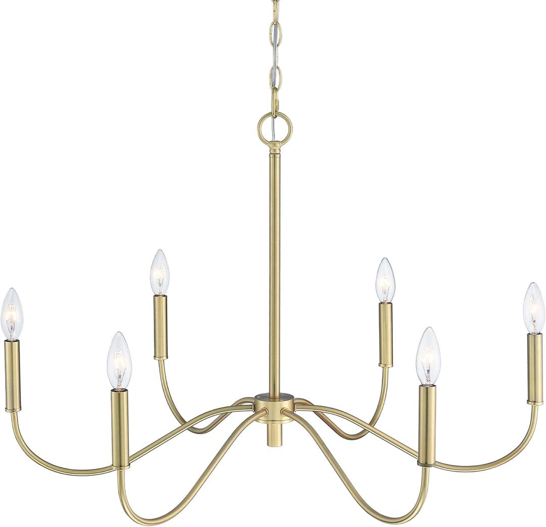 6-Light Gold Chandelier, Modern Gold Pendant Light, Adjustable Height Farmhouse Chandelier, Ceiling Light Fixture for Dining Room Bedroom Foyer Living Room Kitchen Island