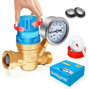 Boltigen Handle Adjustable RV Water Pressure Regulator, 3/4 GHT Brass Lead-Free RV Fresh Water Hose Pressure Regulator Valve with Gauge for RV Camper Trailer, Pressure Reducer Valve (Blue)