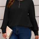 Beautife Womens Plus Size Henley Shirts Puff Long Sleeve Button Up Curvy Tops Loose Fit Casual Fall Blouse (Black, L)