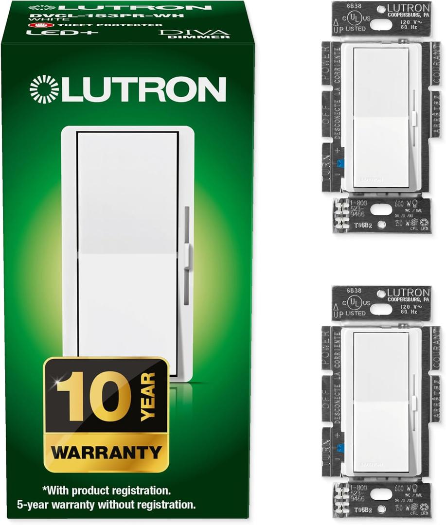Lutron Diva LED+ Dimmer Switch for Dimmable LED, Halogen and Incandescent Bulbs, Single-Pole or 3-Way, DVCL-153P-WH, White (2-Pack)