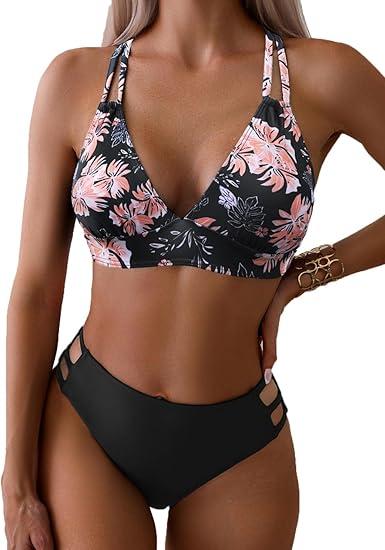Fanuerg Women's Sexy V Neck Bikini Sets Hollow Out Two Piece Swimsuits Cutout Mid Waist Bathing Suit (XS,Black Floral)