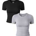 OQQ Womens 2 Piece Shirts Short Sleeve Crew Neck Ruched Stretch Fitted Tee Shirts Crop Tops Black Grey S