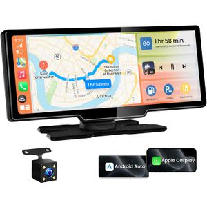 10.26" Wireless CarPlay Screen for Car, Android Auto Screen with Backup Camera, Portable Touchscreen Car Stereo with GPS Navigation/Mirror Link/Voice Control/Bluetooth/FM/AUX