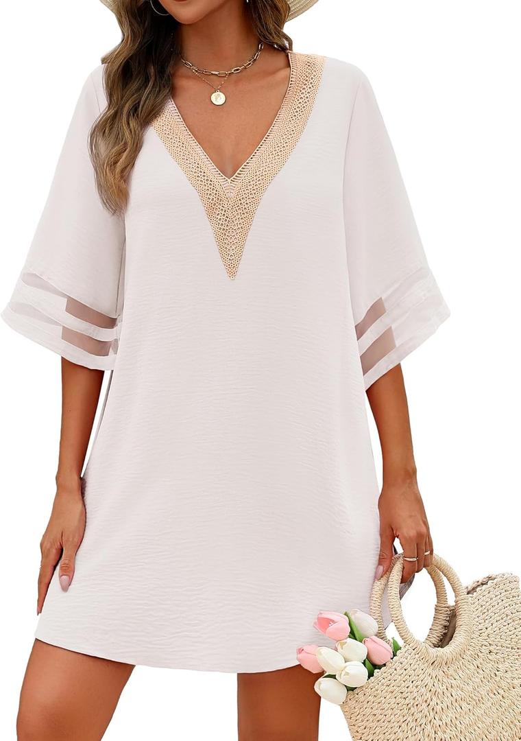 AI'MAGE Women's Swimsuit Cover Up 3/4 Bell Sleeve Loose Beachwear Deep V-Neck Bikini T-Shirt Beach Dress XL