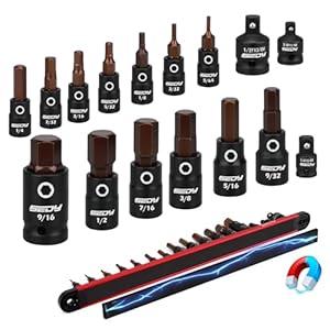 Allen-Wrench Hex Bit Socket Set: 16-Piece Hex Socket Set with Magnetic Socket Rail Organizer 1/ 4, 3/ 8, 1/ 2-Inch Drive 5/ 64-9/ 16 Hex Key Socket Set with Adapter for Professional Garages Workshop