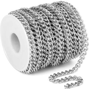 33FT Stainless Steel Curb Chain Roll, 6mm 304 Stainless Steel Flat Twisted Links Curb Chains Bulk Spool for Jewelry Making Necklace DIY Craft (6.0mm width)
