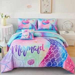 RYNGHIPY Mermaid Full Girls Bedding Set, Colorful Rainbow Kids Girls Comforter Set with Sheets Soft and Lightweight, 6 Pieces Teen Girls Bed in a Bag