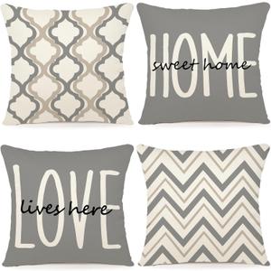 YCOLL Farmhouse Throw Pillow Covers 18x18 Set of 4 Rustic Linen Square Decorative Cushion Covers for Couch Sofa Bedroom Home Decor (Light Gray)