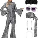 70s Disco Costume for Women - 1970s Disco Outfit with Wig, Earrings, glasses, Necklace, Headband, Sequin Top & Bell Bottoms (X-Large, Silver)