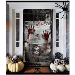 Horrible Horror Door Banner Cover for Halloween Party Decoration, Halloween Wall Decoration Backdrop, Holiday Home Hanging Decor Party Supplies Photo Background