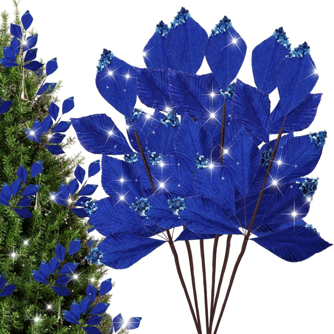 6 Pcs Christmas Artificial Velvet Glitter Magnolia Leaf Glittered Spray Picks 20" Fake Floral Leaf Branches Xmas Decoration for Christmas Tree DIY Crafts Gift Home Garden Decor(Navy Blue)