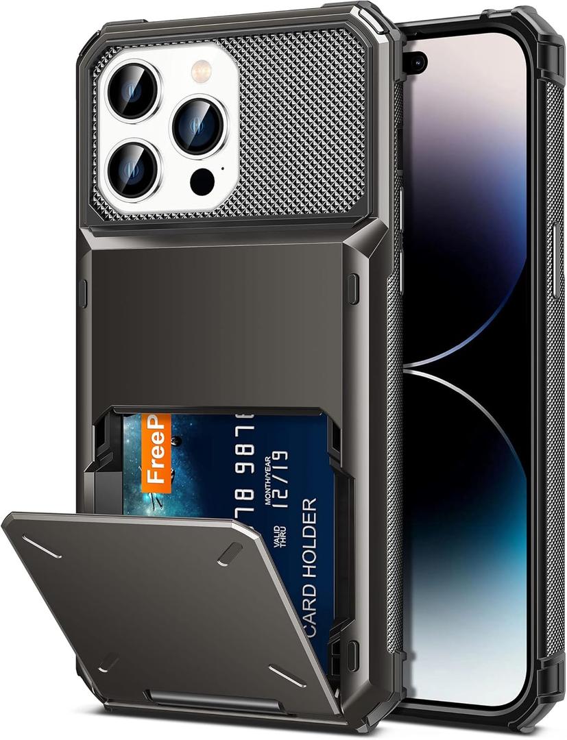 TITACUTE for iPhone 14 Pro Case 6.1 Wallet 5 Credit Card Holder ID Slot Flip Cover Design Back Pocket Scratch Resistant Hard Shell TPU Hybrid Protective Bumper Armor for iPhone 14 Pro Gunmetal Bronze