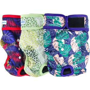 Leekalos Reusable Washable Dog Diapers Female (3 Pack) - Highly Absorbent Doggie Diapers - Size Adjustable Puppy Diapers for Dog Period Panties (Medium, Leaves) (Medium (12.5"-15" Waist), Leaves(Black Lining))